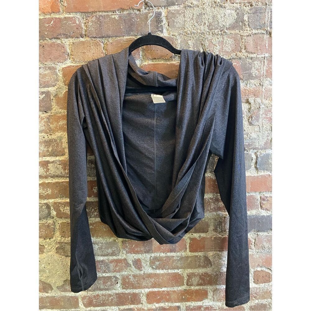 ZYIA Active Haze Yoga Shawl Pullover Wrap Hooded Shirt Twist Top Dark Gray SZ Me